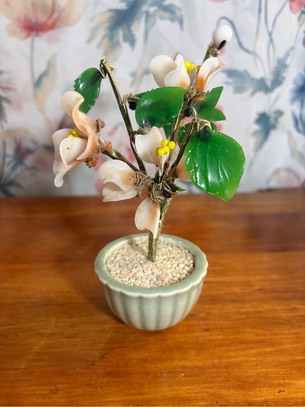 Vintage Handcrafted White and Green Glass Flower Bonsai Decorative Accent